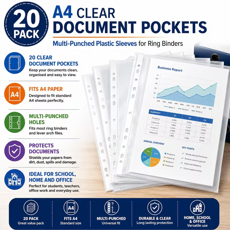 20 pack A4 clear document pockets multi punched plastic sleeves for ring binders