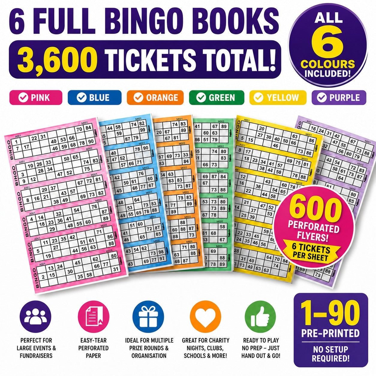 6 full bingo books 3600 tickets total all six colours included