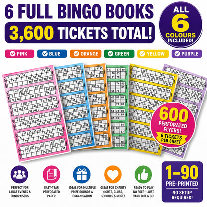 6 full bingo books 3600 tickets total all six colours included