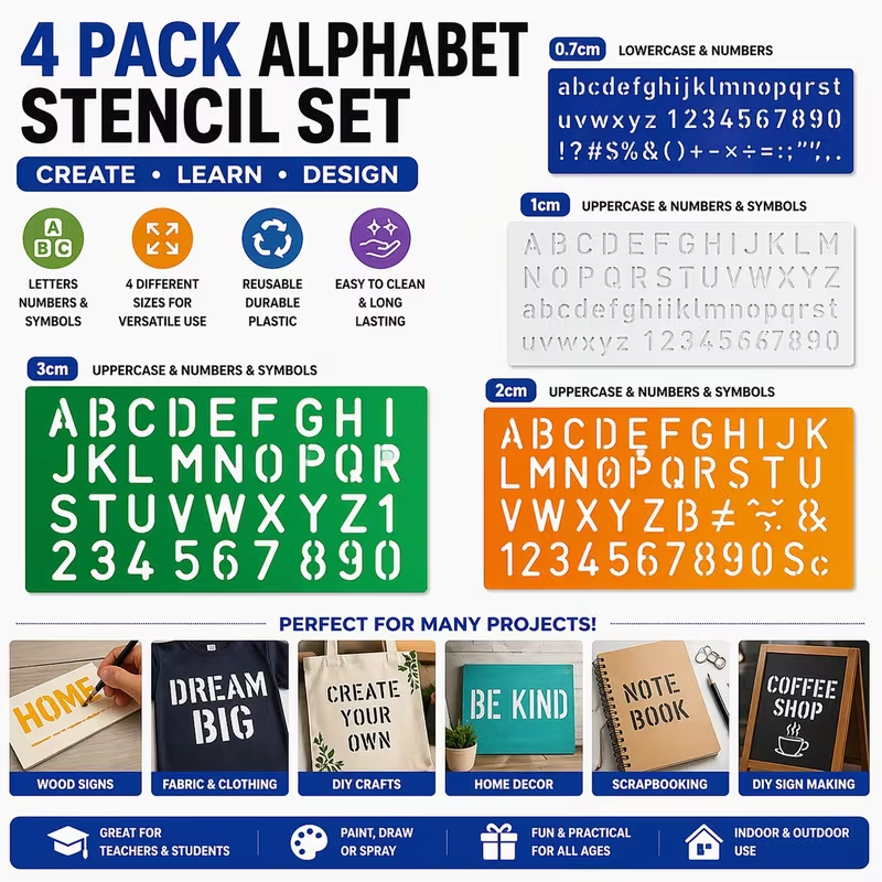 4 pack alphabet stencil set with letters numbers symbols in 0.7cm 1cm 2cm and 3cm sizes