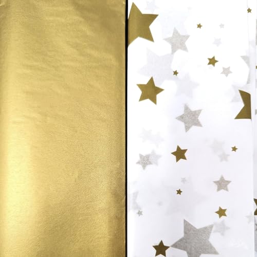 Gold & Star Print Tissue Paper – 8 Sheets – 70 x 50cm – Recyclable Gift Wrap for Christmas, Birthdays, Weddings & Crafts