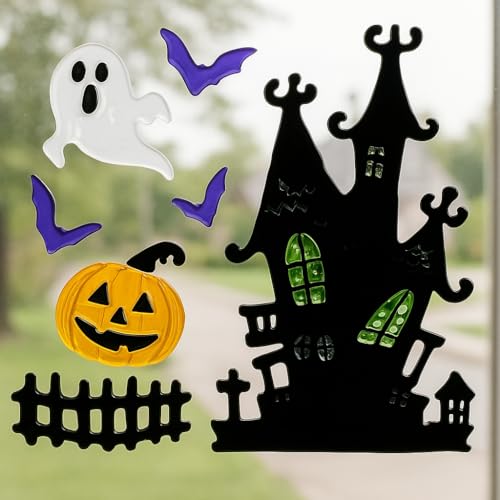 4 Sheets Halloween Gel Window Stickers – Ghosts, Pumpkins, Bats, Witch & Haunted House – Reusable Clings (19 × 19 cm)