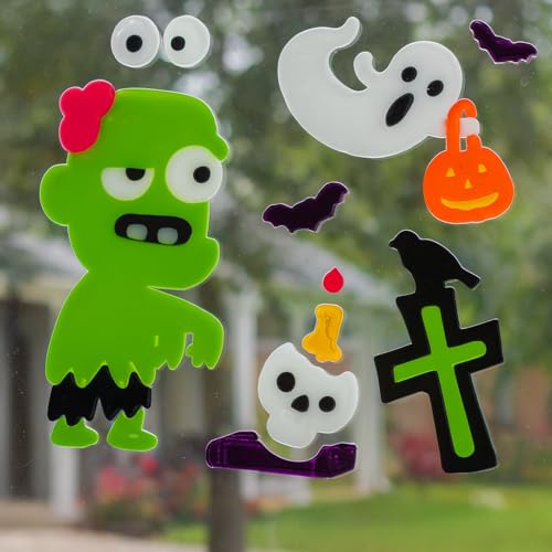 4 Sheets Halloween Gel Window Stickers – Vampire, Skeleton, Zombie & Happy Halloween Designs – Reusable Clings (19 × 19 cm)