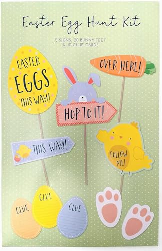 YLAB Easter Egg Hunt Kit – Signs, Bunny Footprints & Clue Cards | 5 Easter-Themed Signs with Stakes, 20 Bunny Footprint Cutouts & 10 Clue Cards | Fun Easter Activity for Kids & Families