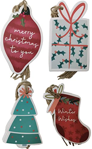 20 Luxury Gift Tags for Christmas – Festive Shapes with String – Tree, Bauble, Stocking & Present – Recyclable Card & Eco Packaging – Blank Back for Writing – Xmas Present Labels for Gift Wrapping