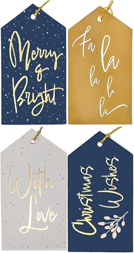 Navy & Gold Foil Christmas Gift Tags – Pack of 20 – 4 Elegant Designs – 11.5 × 6.2 cm – Pre-Attached Gold String – Writable Reverse – Eco Packaging