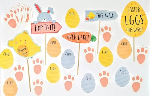 YLAB Easter Egg Hunt Kit – Signs, Bunny Footprints & Clue Cards | 5 Easter-Themed Signs with Stakes, 20 Bunny Footprint Cutouts & 10 Clue Cards | Fun Easter Activity for Kids & Families