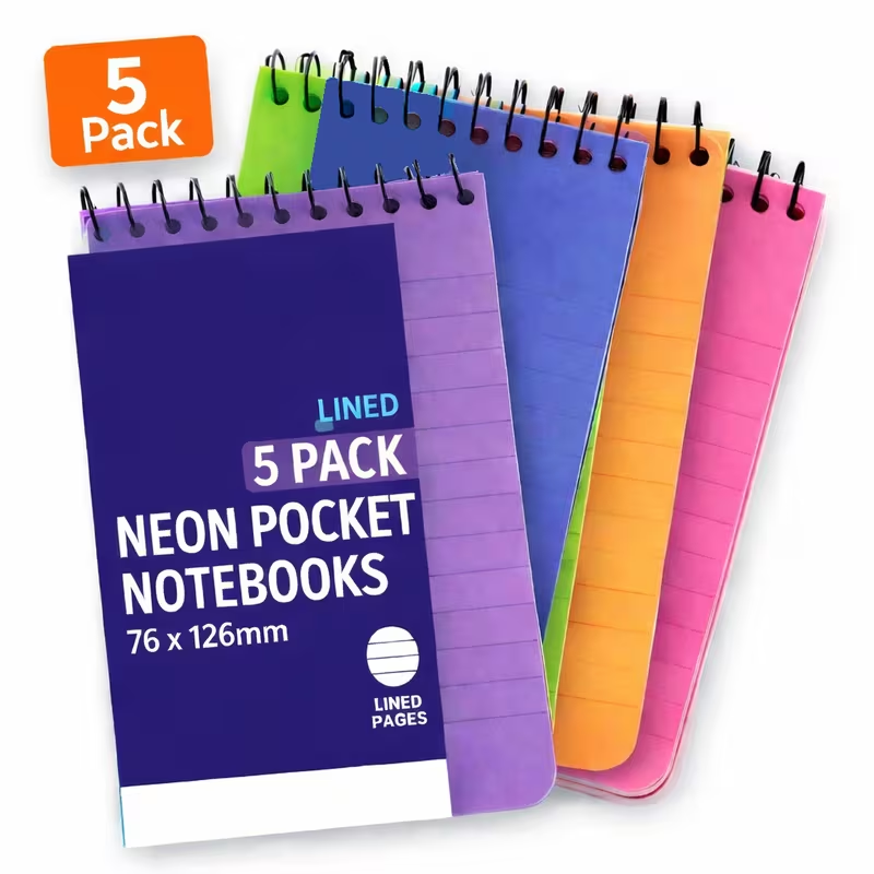 5 pack neon pocket notebooks lined pages 76 x 126mm assorted colours