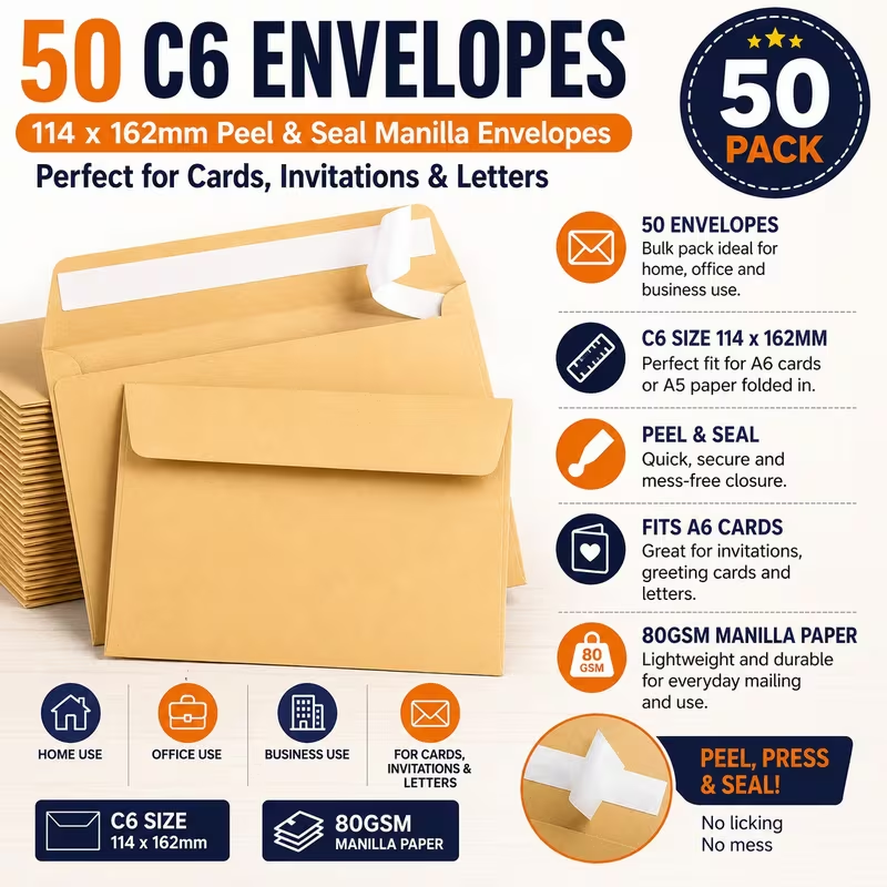 50 pack C6 manilla peel and seal envelopes 114 x 162mm for cards invitations and letters