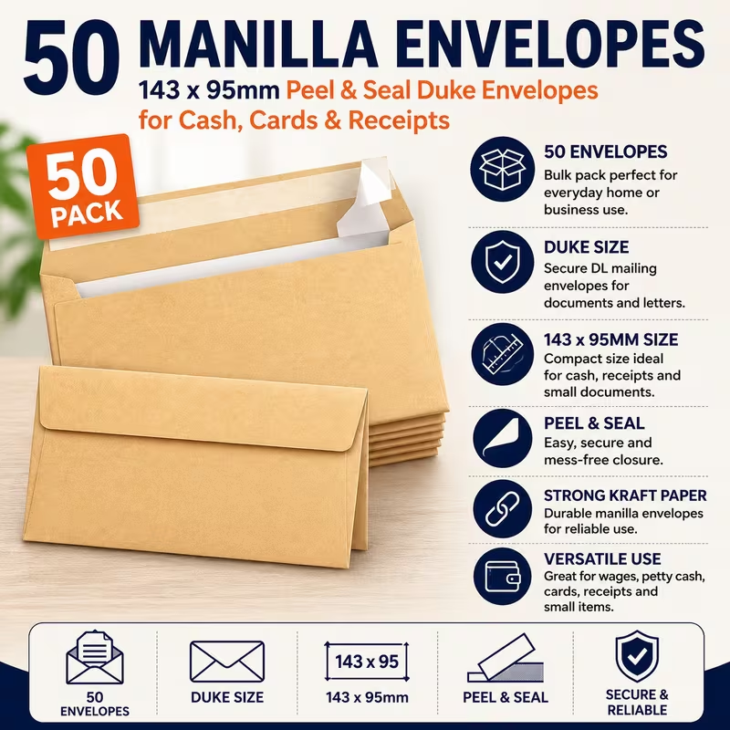 50 pack manilla peel and seal Duke envelopes 143 x 95mm for cash cards and receipts