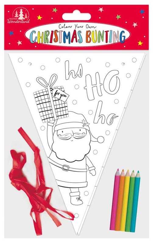 Christmas Colour Your Own Banner Bunting – 8 Flags with Red Ribbon & 5 Colouring Pencils - You Love a Bargain