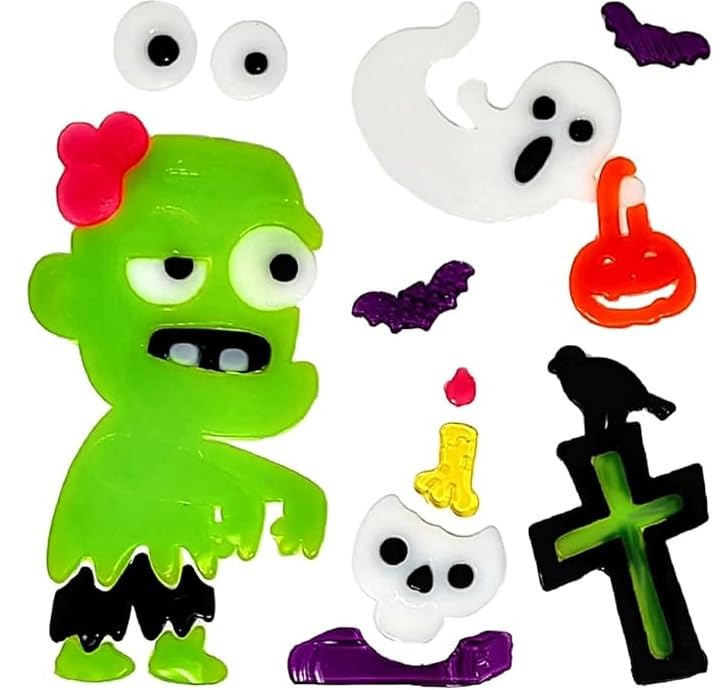 4 Sheets Halloween Gel Window Stickers – Vampire, Skeleton, Zombie & Happy Halloween Designs – Reusable Clings (19 × 19 cm)