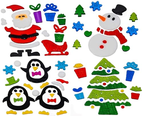 4 Sheet Christmas Gel Window Clings – Santa, Snowman, Penguin & Tree – Reusable Festive Decorations – 19 × 19 cm Sheets