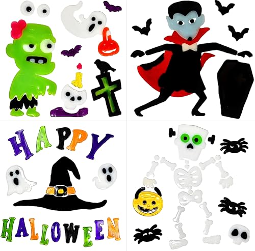 4 Sheets Halloween Gel Window Stickers – Vampire, Skeleton, Zombie & Happy Halloween Designs – Reusable Clings (19 × 19 cm)