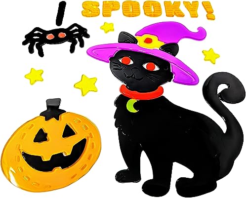 🐈 Halloween Gel Window Stickers – Cat, Spider & Pumpkin “Spooky” Design (1 Sheet, 20×20 cm) – Reusable Window Clings