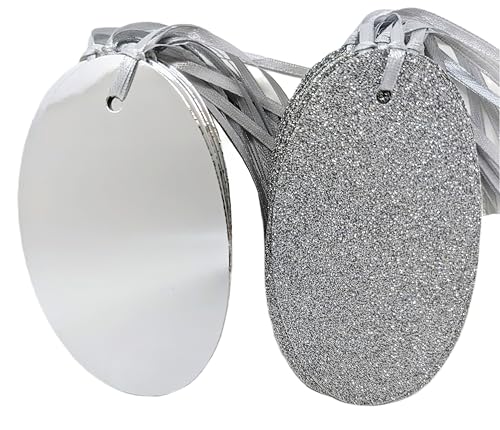 20 Silver Luxury Oval Gift Tags – 10 Glitter & 10 Foil with Silver Ribbon (10.5 × 6 cm, Recyclable Packaging)