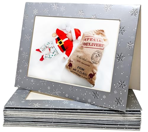 Silver Snowflake Photo Frame Christmas Cards – Pack of 12 – Holds 6x4” Photo – Includes Envelopes – Blank Inside
