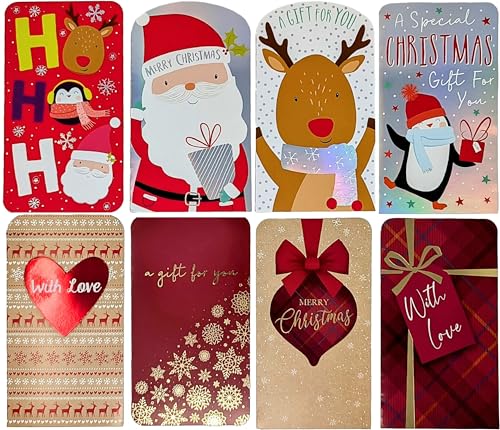 8 Christmas Money Wallets with Envelopes – Festive Gift Card Holders – Assorted Designs – 16 x 9cm – Christmas Cash Wallets with Matching White Envelopes – Ideal for Vouchers, Gift Cards & Notes
