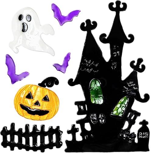 4 Sheets Halloween Gel Window Stickers – Ghosts, Pumpkins, Bats, Witch & Haunted House – Reusable Clings (19 × 19 cm)