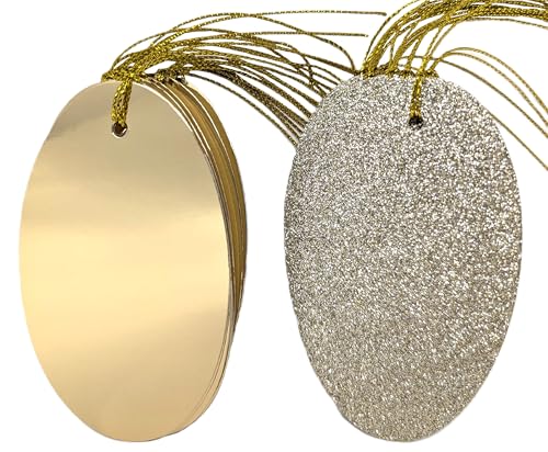 Luxury Gold Oval Gift Tags – Pack of 20 – 10 Glitter & 10 Foil – 10.5 × 6 cm – Pre-Attached Gold String – Premium Cardstock – Eco Packaging