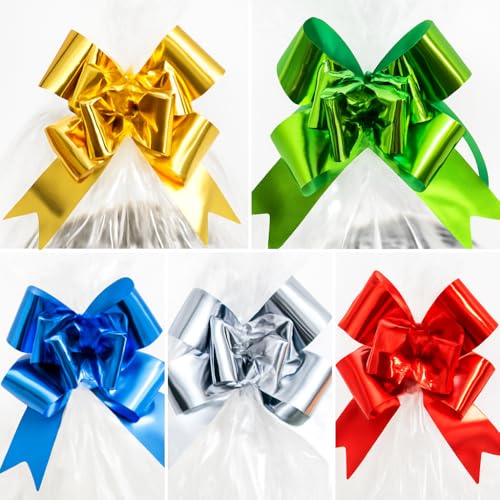 5 Extra-Large Clear Cellophane Hamper Bags with Pull Bows – Assorted Colours – 102.5 x 70 cm