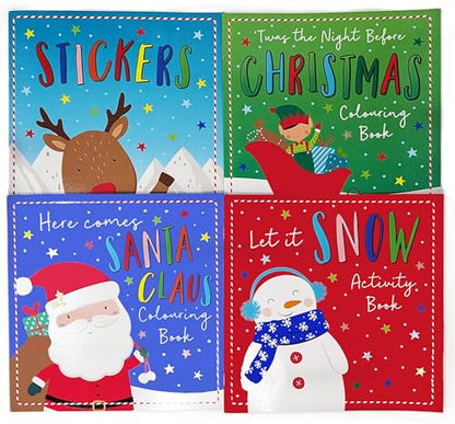 Christmas Activity Book Set for Kids – 4 Books + 6 Colouring Pencils – Colouring, Puzzles, Stickers – Travel & Stocking Filler Gift for Ages 3–10
