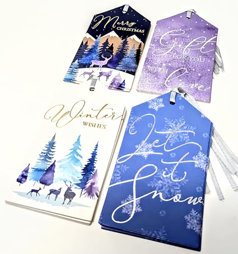 20 Luxury Purple & Blue Christmas Gift Tags – Midnight Forest Reindeer & Snow Designs with Silver Ribbon (11 × 6 cm)