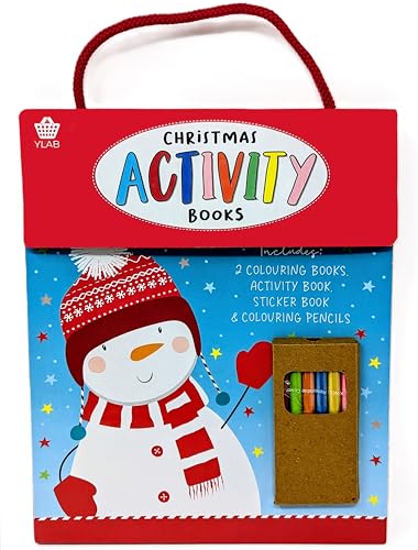 Christmas Activity Book Set for Kids – 4 Books + 6 Colouring Pencils – Colouring, Puzzles, Stickers – Travel & Stocking Filler Gift for Ages 3–10