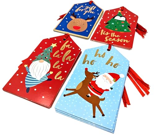 20 Kids’ Christmas Gift Tags – Santa, Reindeer, Penguin & Gonk Designs (11 × 6 cm) with Red Satin Ribbon