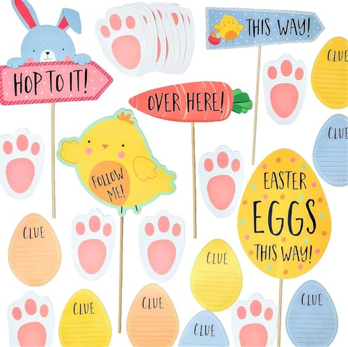 YLAB Easter Egg Hunt Kit – Signs, Bunny Footprints & Clue Cards | 5 Easter-Themed Signs with Stakes, 20 Bunny Footprint Cutouts & 10 Clue Cards | Fun Easter Activity for Kids & Families