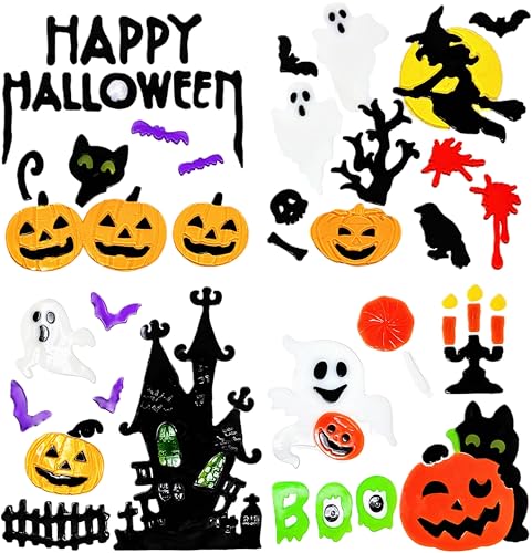 4 Sheets Halloween Gel Window Stickers – Ghosts, Pumpkins, Bats, Witch & Haunted House – Reusable Clings (19 × 19 cm)
