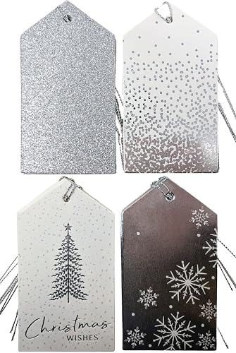 20 Luxury Silver Christmas Gift Tags – 4 Foil & Glitter Designs with Pre-Attached Silver String (11.5 × 6.2 cm)