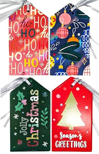 20 Premium Christmas Gift Tags – Jolly Christmas, Season’s Greetings, Ho Ho Ho & Baubles & Holly (11 × 6 cm, Silver String)