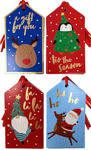 20 Kids’ Christmas Gift Tags – Santa, Reindeer, Penguin & Gonk Designs (11 × 6 cm) with Red Satin Ribbon