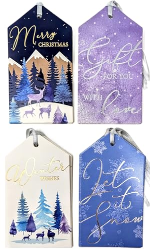 20 Luxury Purple & Blue Christmas Gift Tags – Midnight Forest Reindeer & Snow Designs with Silver Ribbon (11 × 6 cm)