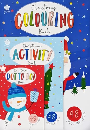 Christmas Activity Book Bundle (3 Pack) – Colouring, Dot to Dot & Puzzle Fun for Kids (48 Pages Each, A4 & Compact Sizes)