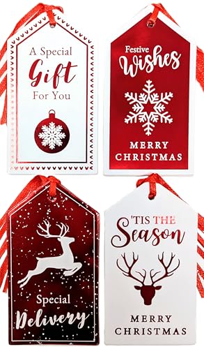 20 Premium Scandi Christmas Gift Tags – Red & White (11 × 6 cm) with Pre-Attached Red Satin Ribbon
