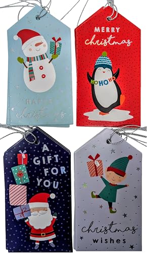 20 Kids’ Christmas Gift Tags – Santa, Elf, Penguin & Snowman Designs (11 × 6 cm) with Silver String