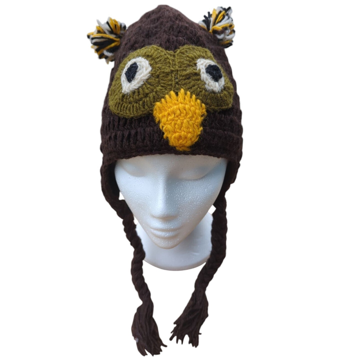 Hand Knitted 100% Wool & Fleece Lined Brown Owl Hat - One Size - Secret Santa