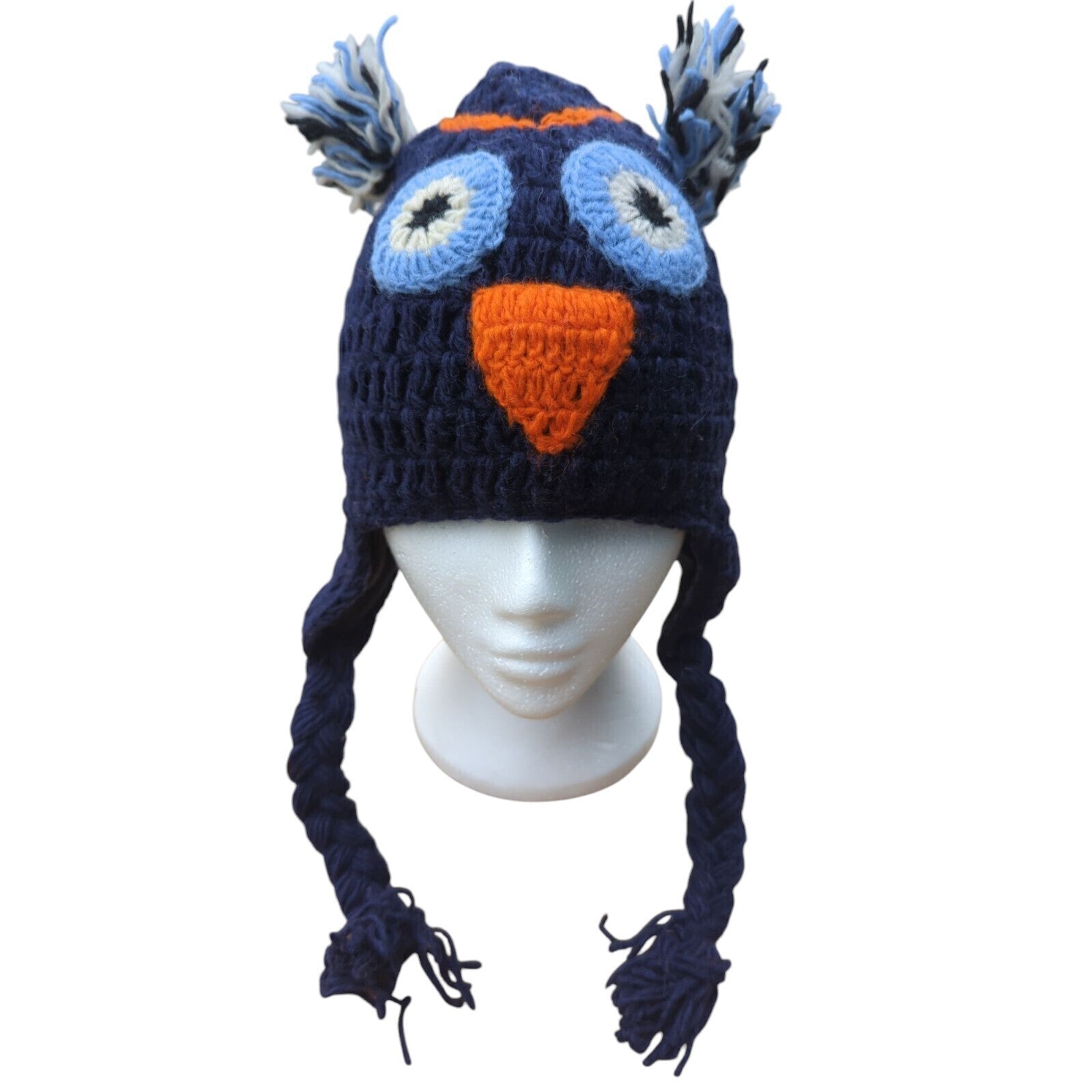 Hand Knitted 100% Wool & Fleece Lined Blue Owl Hat - One Size - Secret Santa