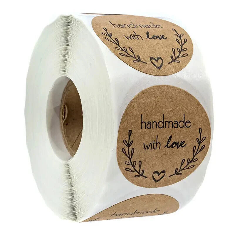 2000 Handmade With Love Kraft Stickers - Seal Labels Roll - Size 2.5cm UK