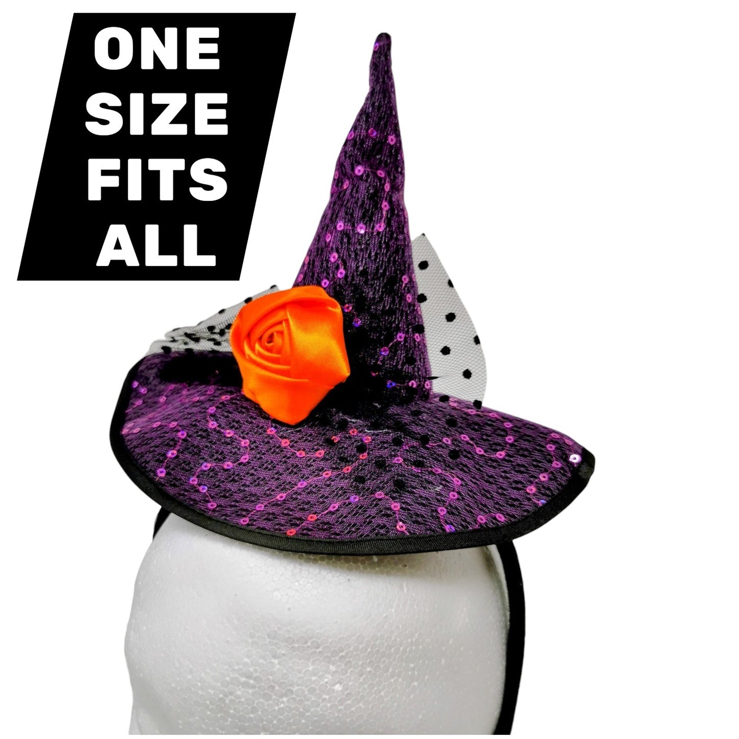 Witch Hat Headband with Orange Rose - One Size Fits All - UK Stock