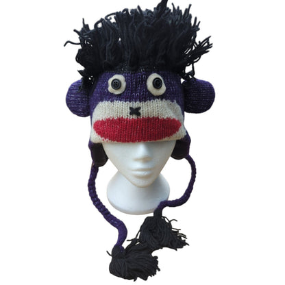 Hand Knitted 100% Wool & Fleece Lined Purple Monkey Hat - One Size -Secret Santa