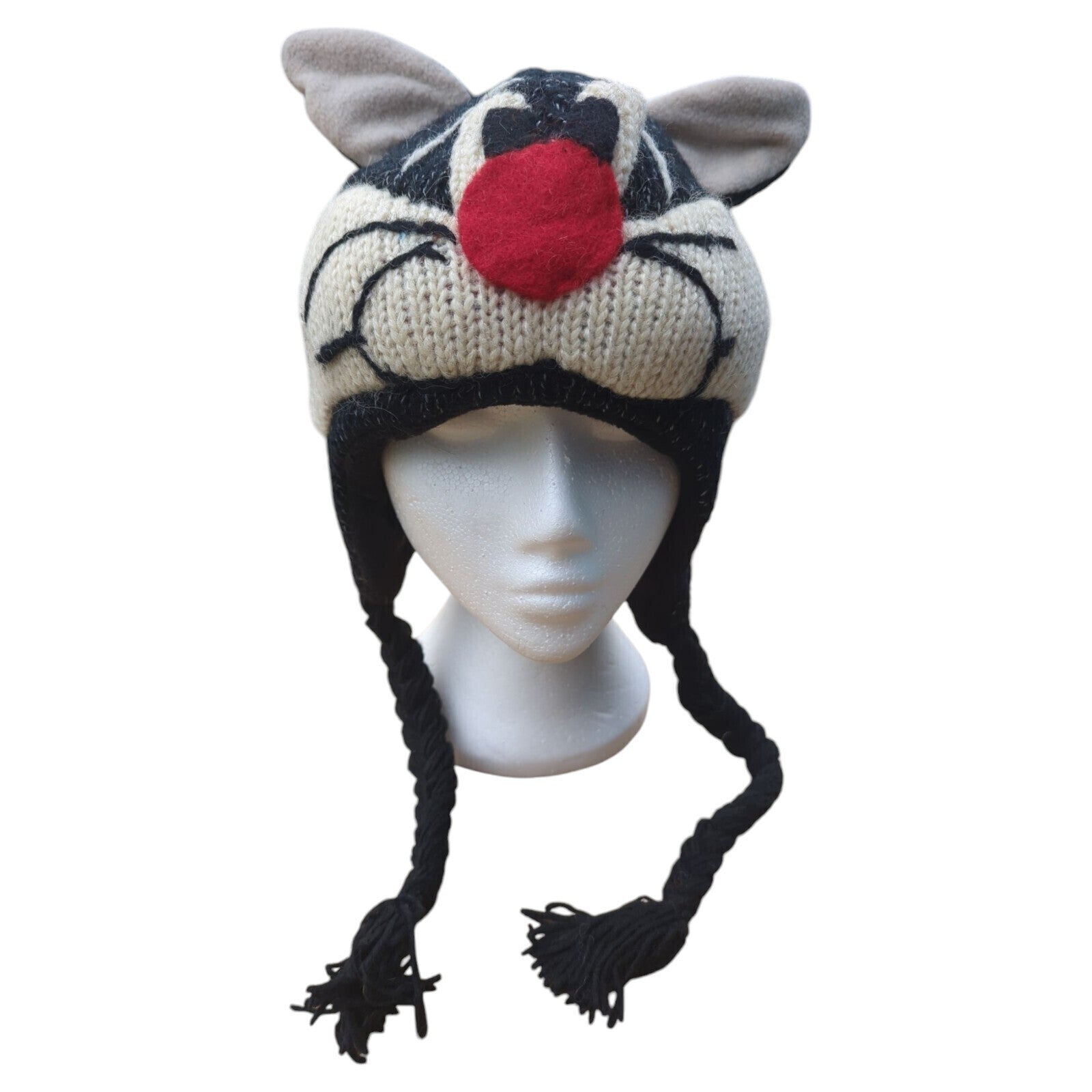 Hand Knitted 100% Wool & Fleece Lined Sylvester Cat Hat - One Size -Secret Santa