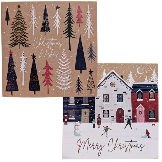 10 Christmas Cards with Envelopes – Winter Scene & Tree Designs – 14cm