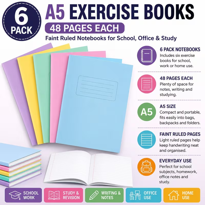 6 pack A5 exercise books with 48 pages each faint ruled notebooks