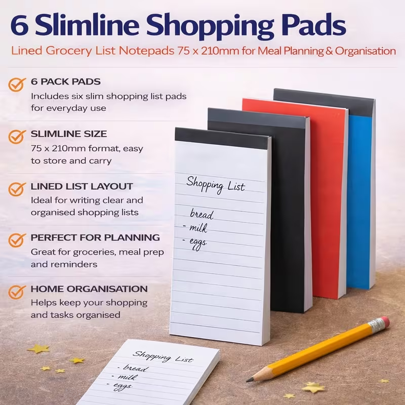 6 slimline shopping pads lined grocery list notepads 75 x 210mm
