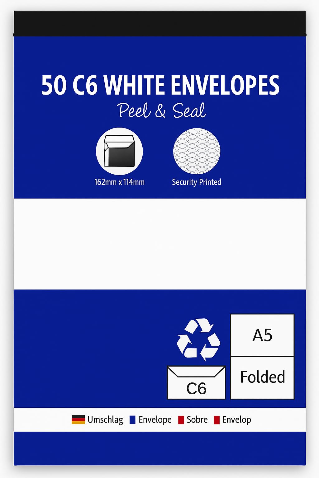 50 C6 White Envelopes – Peel & Seal – 80gsm – Security Printed – Fits A5 Folded / A6 Cards