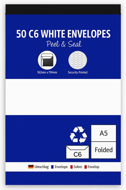 50 C6 White Envelopes – Peel & Seal – 80gsm – Security Printed – Fits A5 Folded / A6 Cards