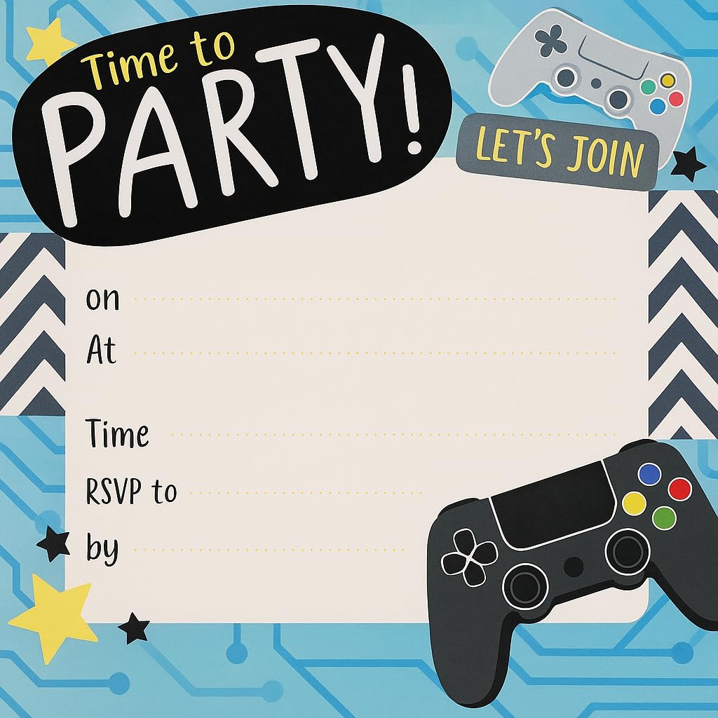 🎮 36 Gaming Party Invitations with Envelopes – Video Game Theme Birthday Invites – 13.5cm Square
